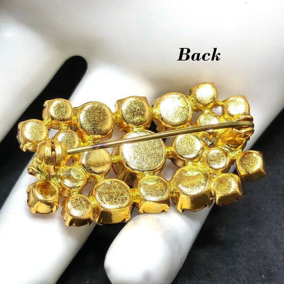 Vintage Pink & Red Rhinestone Rectangle Brooch, Gold Plated, 1960s - Picture 3 of 10